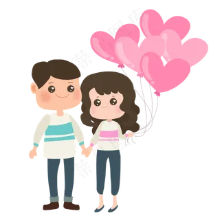 手绘七夕情人节恩爱气球小情侣