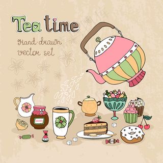 一组手绘下午茶时间设计元素，茶壶将热茶倒在壶上