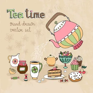 一组手绘下午茶时间设计元素，茶壶将热茶倒在壶上