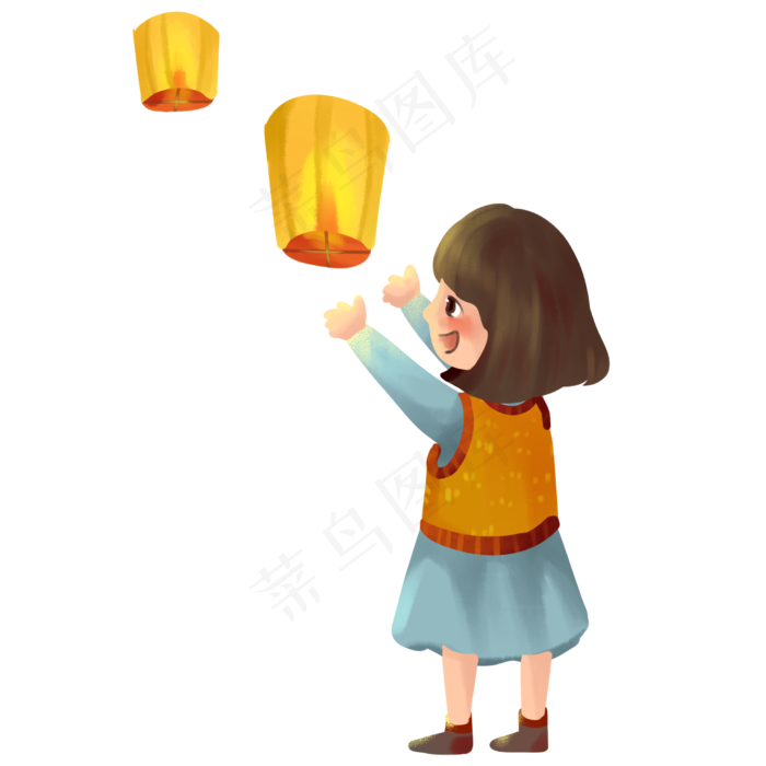中秋节女孩放孔明灯PNG素材