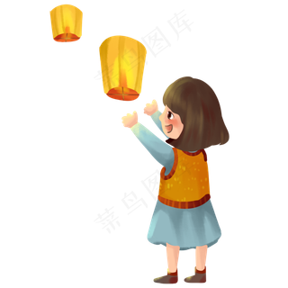 中秋节女孩放孔明灯PNG素材