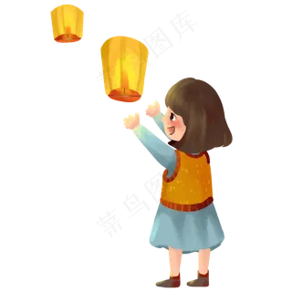 中秋节女孩放孔明灯PNG素材
