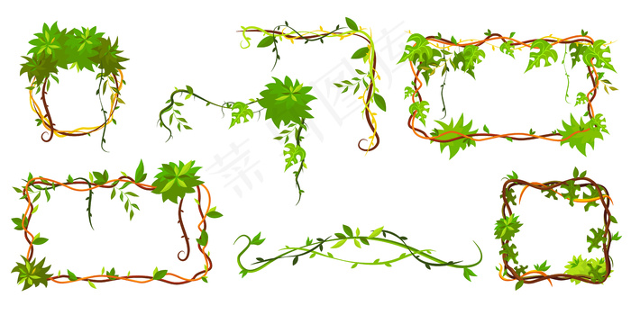 收集绿色热带框架。卡通框架形状的藤本植物，丛林植物枝叶