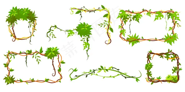 收集绿色热带框架。卡通框架形状的藤本植物，丛林植物枝叶