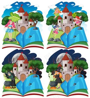 一套童话和城堡塔弹出书卡通风格的白色背景
