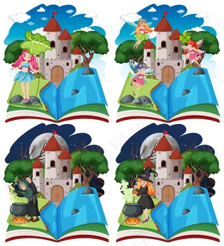 一套童话和城堡塔弹出书卡通风格的白色背景