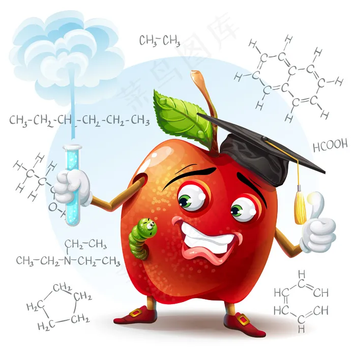 学校苹果与蠕虫和试管与化学公式在手的背景插图。eps,ai矢量模版下载