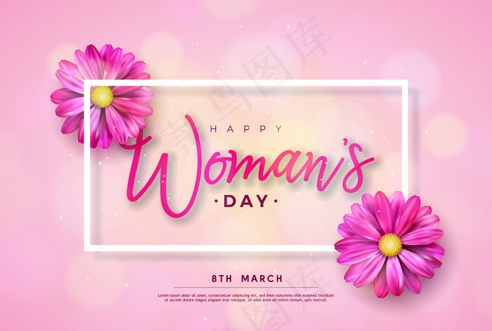 3月8日。妇女节快乐鲜花贺卡。粉红色背景的国际假日插画。