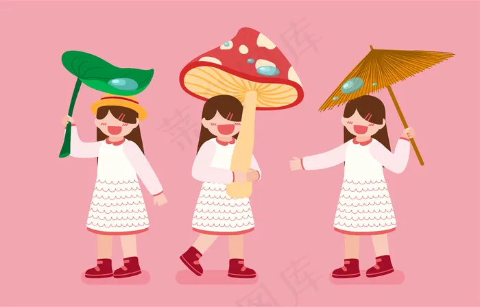 在卡通人物的粉红色背景下，三个女孩在雨天抱着树叶、蘑菇和雨伞