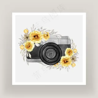金黄色花环相机水彩