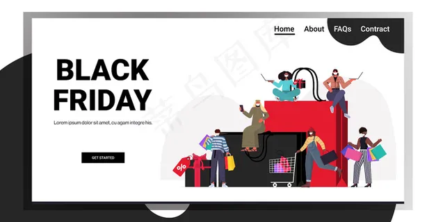 混血人种戴口罩带购物袋选购衣服黑色星期五大甩卖冠状病毒检疫概念全长水平拷贝空间矢量图