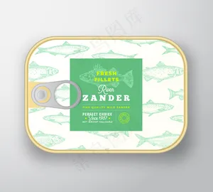 罐头鱼标签模板。带标签盖的鱼铝容器。