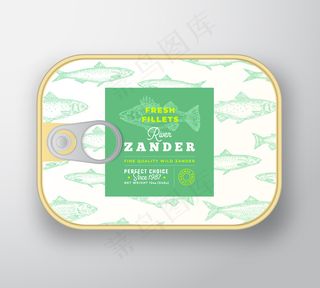 罐头鱼标签模板。带标签盖的鱼铝容器。
