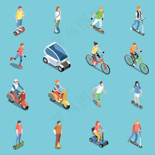 个人生态交通图标集自行车和滑板车等轴测隔离