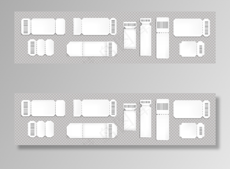 带条形码和虚线的空白票模型样机。音乐会、电影院和交通登机的空模板。透明背景上隔离的白色彩票券，真实的3d向量集
