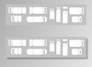 带条形码和虚线的空白票模型样机。音乐会、电影院和交通登机的空模板。透明背景上隔离的白色彩票券，真实的3d向量集