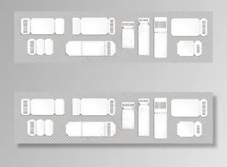 带条形码和虚线的空白票模型样机。音乐会、电影院和交通登机的空模板。透明背景上隔离的白色彩票券，真实的3d向量集