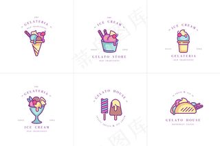 设置设计彩色模板的标志和标志-冰淇淋和冰淇淋。不同的冰淇淋图标。标志在流行的线性风格隔离在白色背景上。