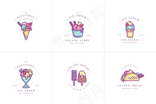 设置设计彩色模板的标志和标志-冰淇淋和冰淇淋。不同的冰淇淋图标。标志在流行的线性风格隔离在白色背景上。