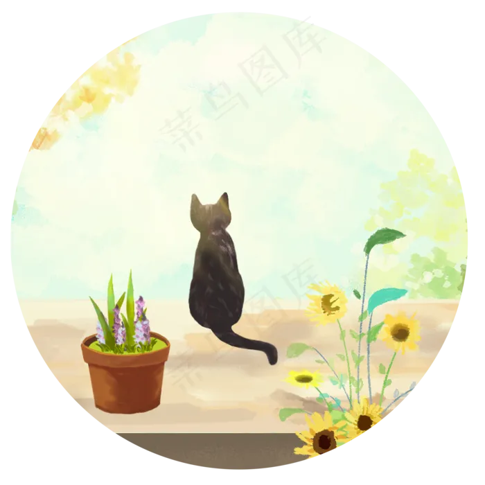 秋分手绘猫咪在院子里感受阳光(2000X2000(DPI:300))psd模版下载