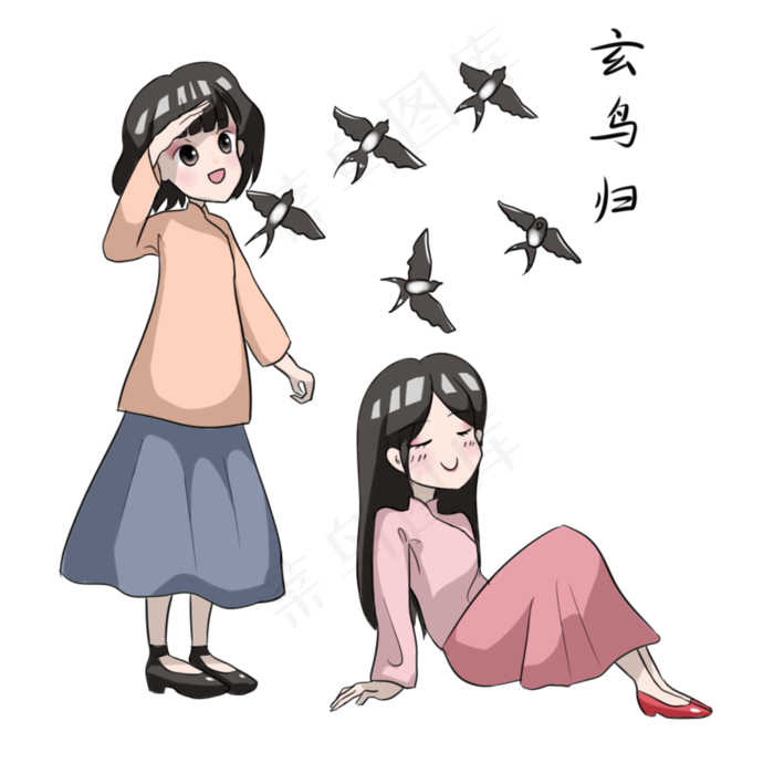 手绘女孩观景玄鸟归插画