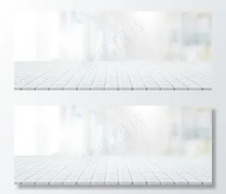 空白色陶瓷马赛克桌面和模糊的博克咖啡馆和餐厅背景。