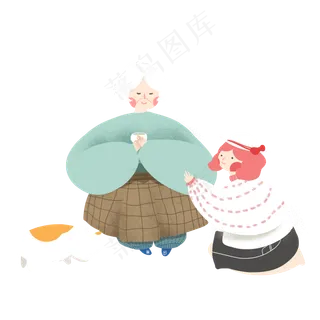 彩绘老奶奶和她的孙女可商用元素