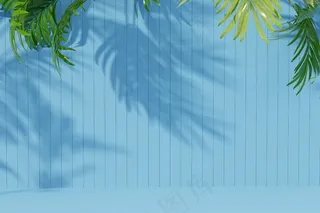 空房间背景，棕榈叶和阴影在墙上。3d渲染。
