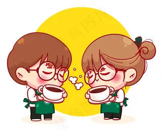 围裙里的可爱情侣咖啡师拿着热咖啡杯卡通人物插画