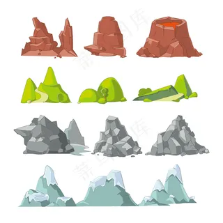 山与山卡通向量集。山地自然，户外景观元素，岩雪插画