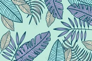 线性热带叶子，有柔和的颜色背景