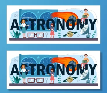 天文学印刷标题。学生用望远镜看星星。孩子们学习星星地图。天文学研究学校学科。平面矢量图