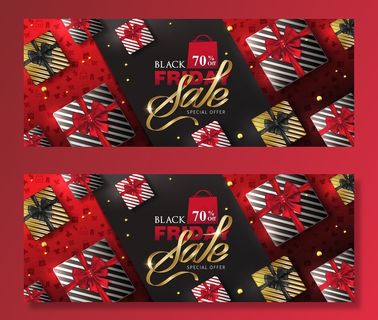 黑色星期五销售横幅banner与礼品盒布局设计模板。