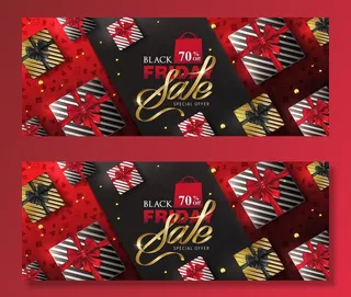 黑色星期五销售横幅banner与礼品盒布局设计模板。