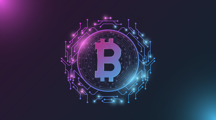 未来的紫色和蓝色发光比特币数字货币。eps,ai矢量模版下载