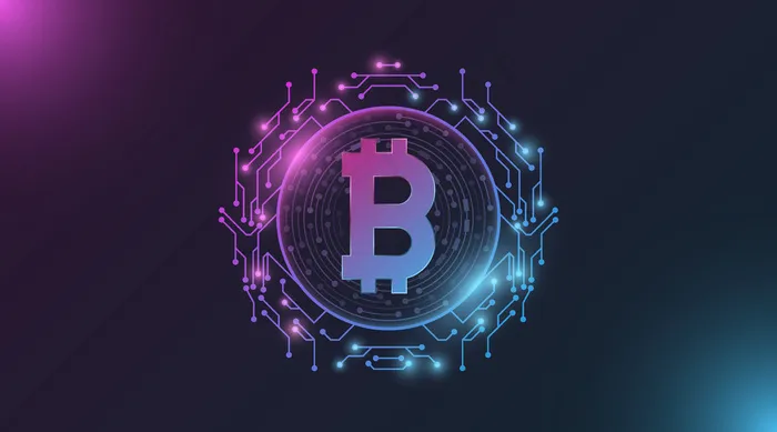 未来的紫色和蓝色发光比特币数字货币。eps,ai矢量模版下载