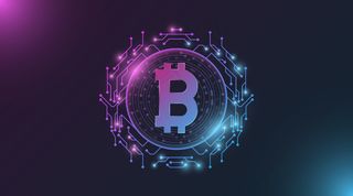 未来的紫色和蓝色发光比特币数字货币。