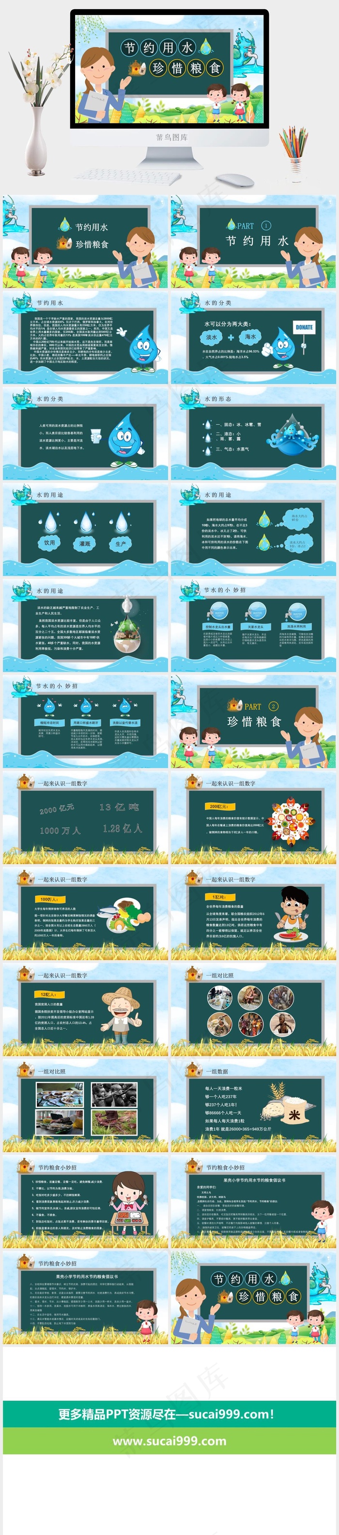 蓝色青色卡通风活泼PPT模板