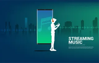 带耳机和声波音乐均衡器背景的男人轮廓。