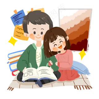 七夕卡通情侣一起看书PNG素材
