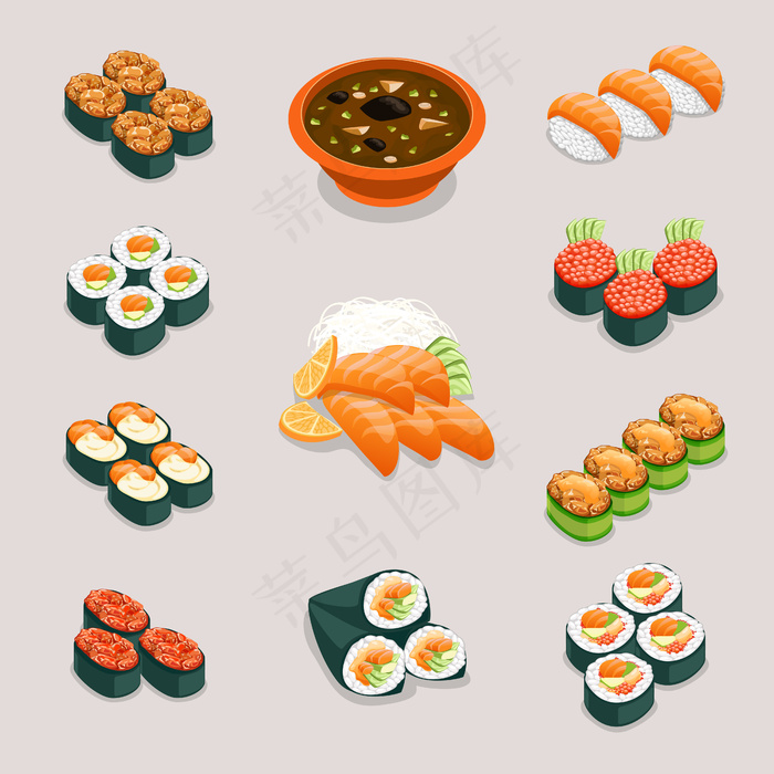 亚洲食品偶像。面包卷和寿司，味噌汤和生鱼片。餐厅和美味菜单，日式或中式营养，eps,ai矢量模版下载