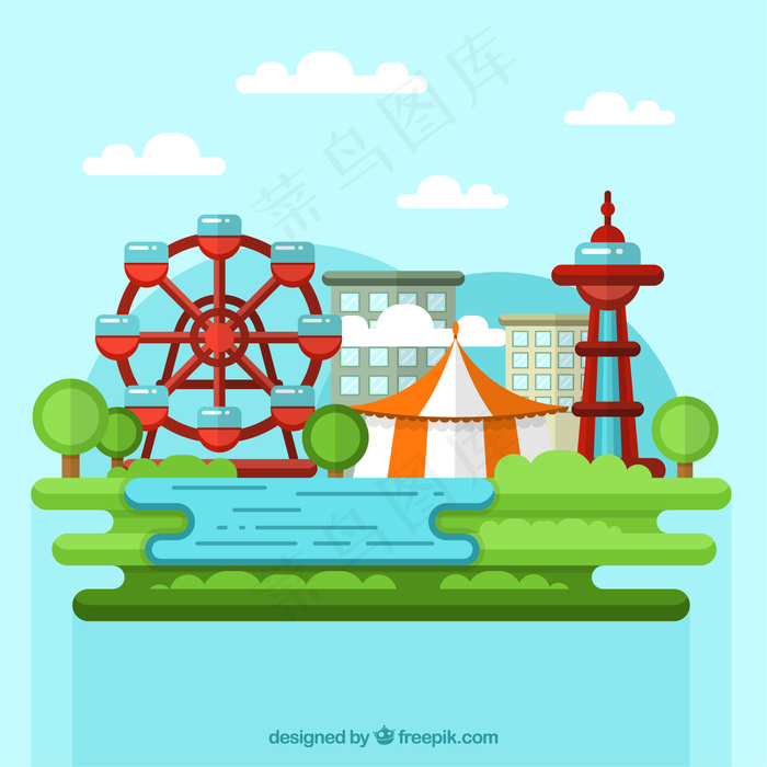 具有游乐场景点的景观背景eps,ai矢量模版下载