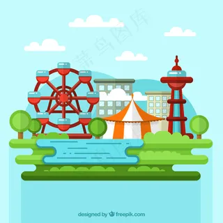 具有游乐场景点的景观背景