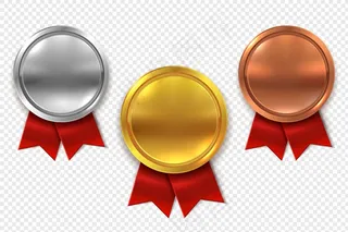 空奖牌。镶红丝带的空白圆形金银铜牌