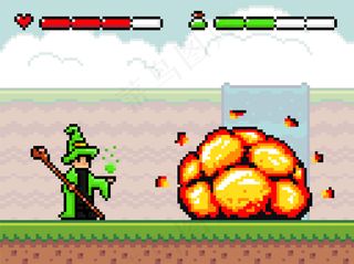 像素艺术与向导和爆炸游戏背景。场景有地面平台、砰砰声、雾中瀑布、多云的天空、炸弹和魔术师用棍子