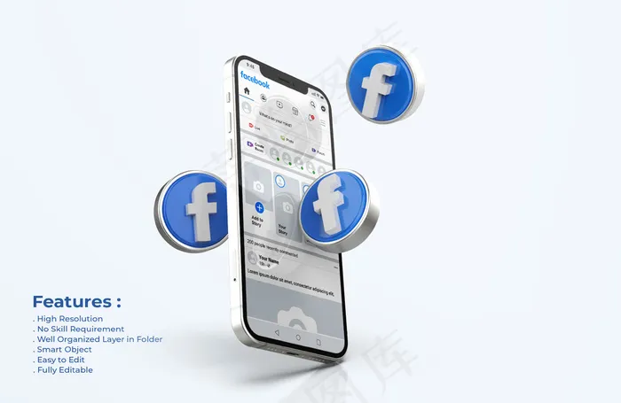 带有3d图标的手机模型样机上的Facebookpsd模版下载