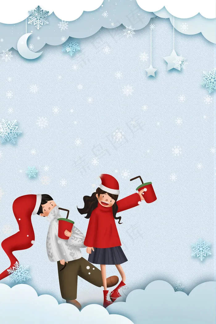 卡通手绘冬季情侣滑雪(3545*5315px 	      )psd模版下载