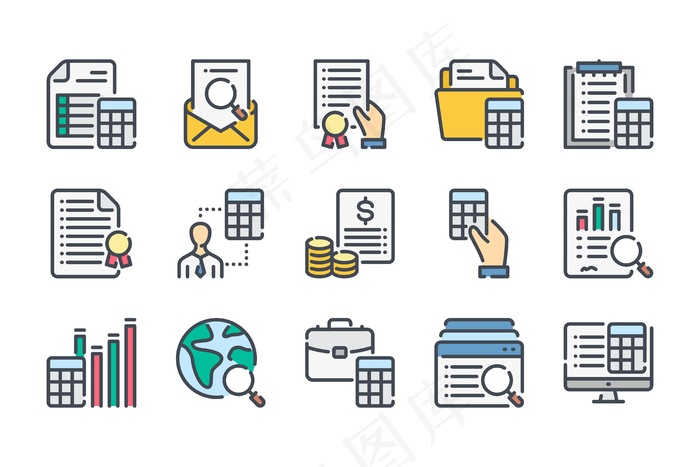 会计和审计相关的颜色线图标集。