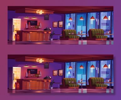 有木制柜台、凳子、沙发和桌子的咖啡厅