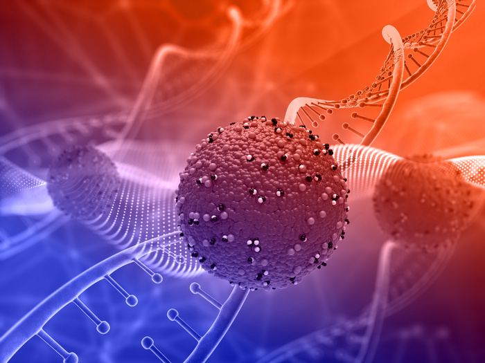 具有抽象病毒细胞和 dna 链的医学背景的 3d 渲染